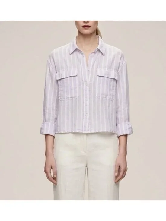 NEW Gap 100% Linen Cropped Shirt Button Up Womens S Blue White Stripe Boxy SMALL - Picture 1 of 7